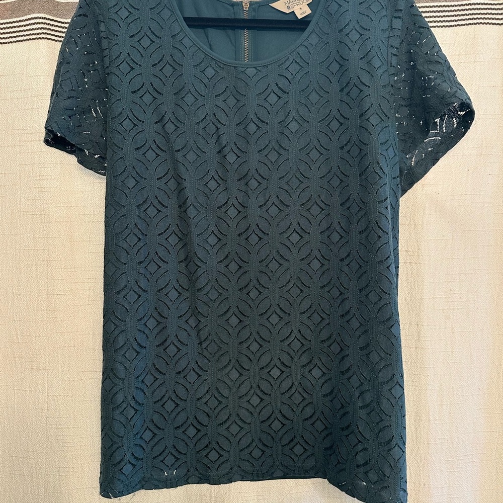 Market & Spruce Teal Short Sleeve Lace Overlay Top